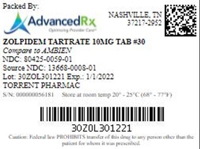 Zolpidem Tartrate 10mg Tab Qty 30 Ndc 80425 0059